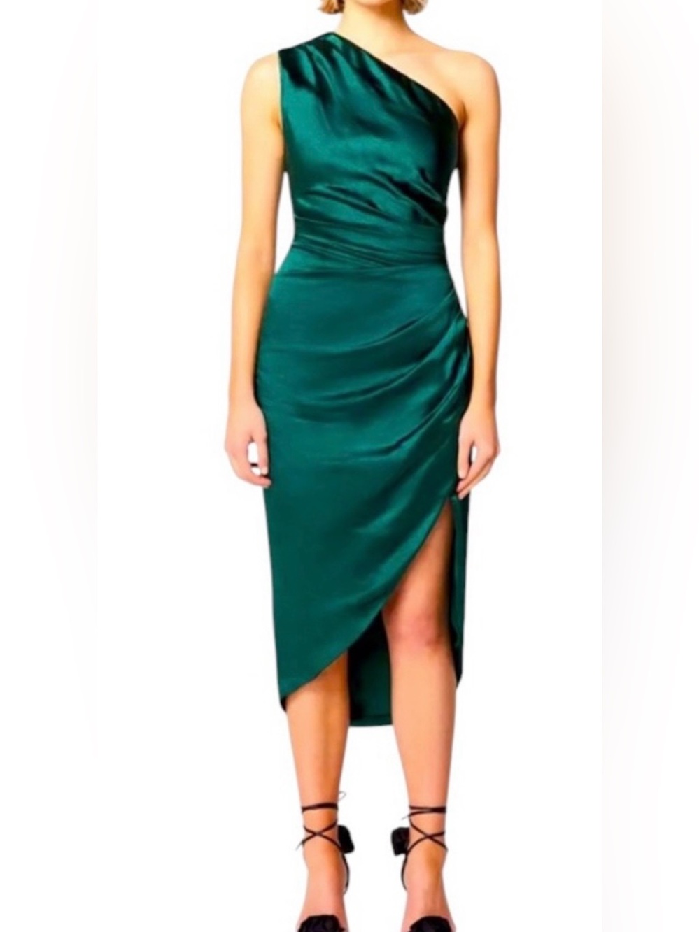 Elliatt Cassini Forest Green Satin One Shoulder Ruched Midi Dress Size M